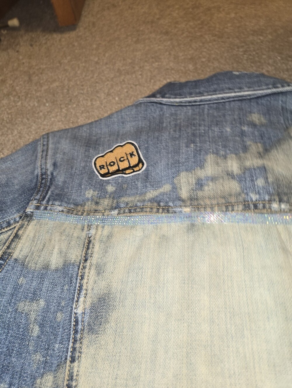 Upcycled Bleached Distressed Jean Jacket | Rock Graphic Patches | Custom Denim - Picture 8 of 16